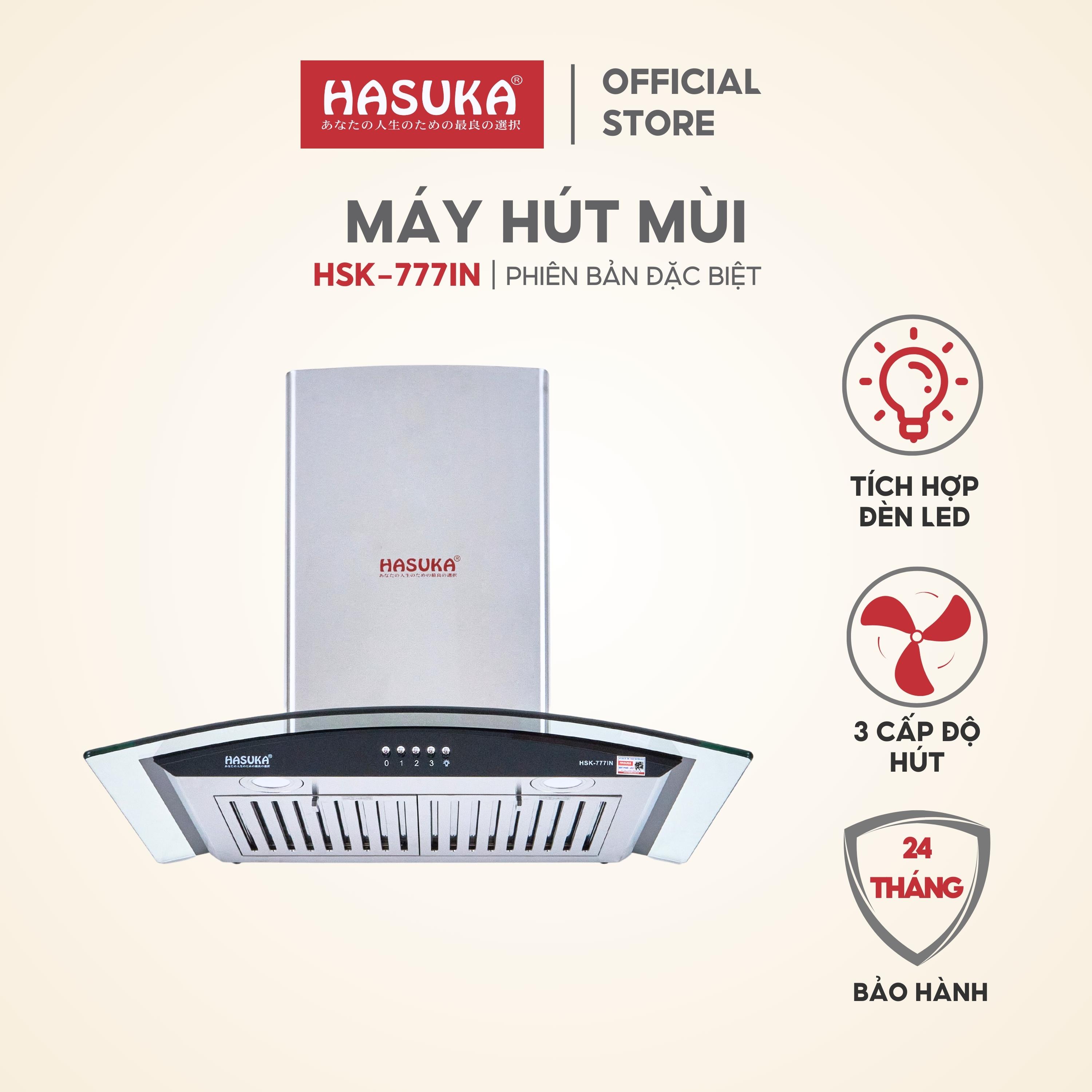 Máy hút mùi cơ kính cong lưới inox HASUKA HSK-777IN - hút và khử mùi với công suất 950m³/h, nút bấm điều khiển cơ - HÀNG CHÍNH HÃNG