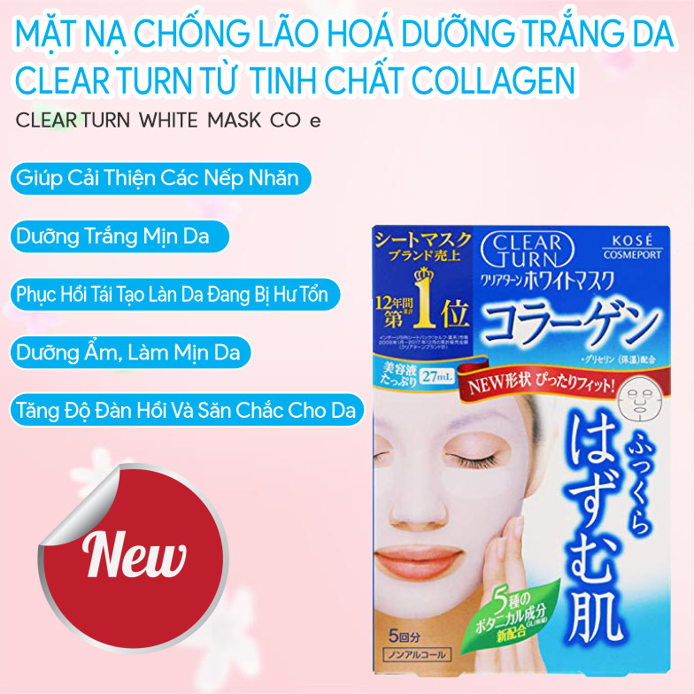 Mặt Nạ Dưỡng Trắng Collagen Kosé Softymo Clear Turn White Mask VC  5 Miếng (Combo 5 Miếng Và Set 24ml)