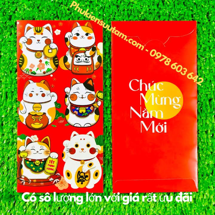 Bao Lì Xì Tết Con Mèo 2023, kích thước: 16cmx8cm, màu đỏ - SP000280