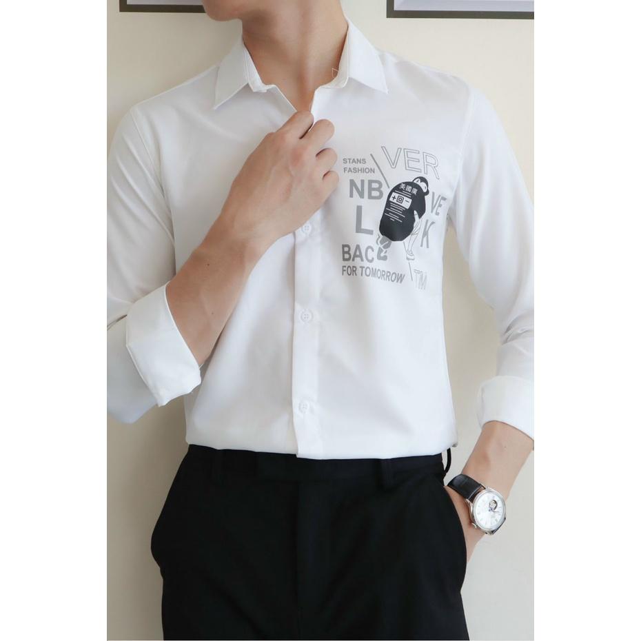 ÁO SƠ MI NAM TAY DÀI IN HỌA TIẾT TRẮNG ĐEN