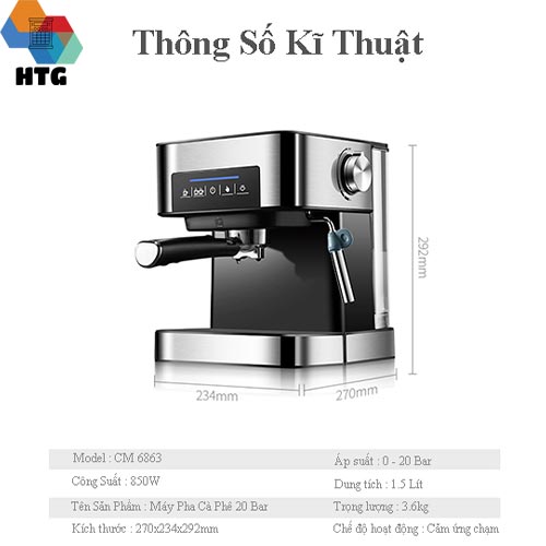 Máy pha cà phê Espresso chuẩn áp suất 20 bar, chế độ cốc đôi CM6863 tích hợp cảm ứng tiện lợi Hàng Chính Hãng