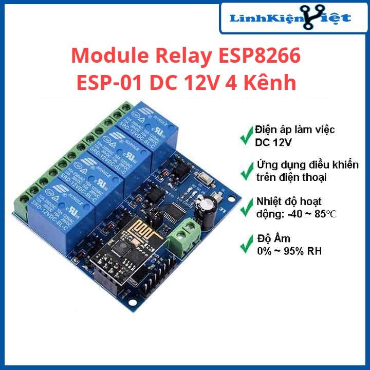 Module relay ESP8266 ESP-01 DC 12V 4 kênh hỗ trợ điều khiển từ xa trên điện thoại