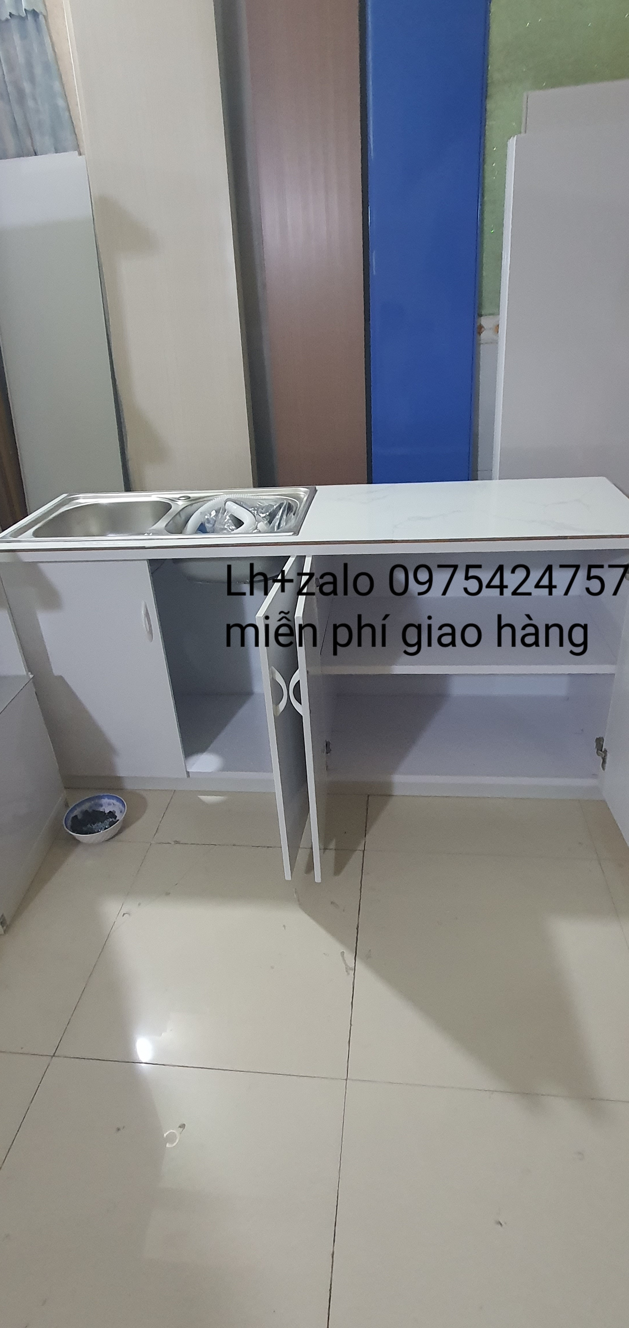 Tủ bếp sẵn 2 bồn mặt gạch nhựa đài loan