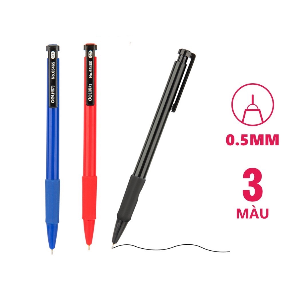 Combo 10 Bút bi bấm Deli 6546S ngòi 0.7mm - viết trơn, Đầu bấm thiết kế chống trượt tiện dụng