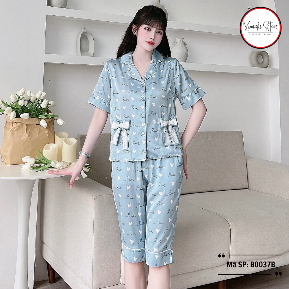 Bộ pijama nữ áo cộc quần ngố họa tiết túi nơ nhiều màu chất lụa cao cấp Xumaki Store BO037B