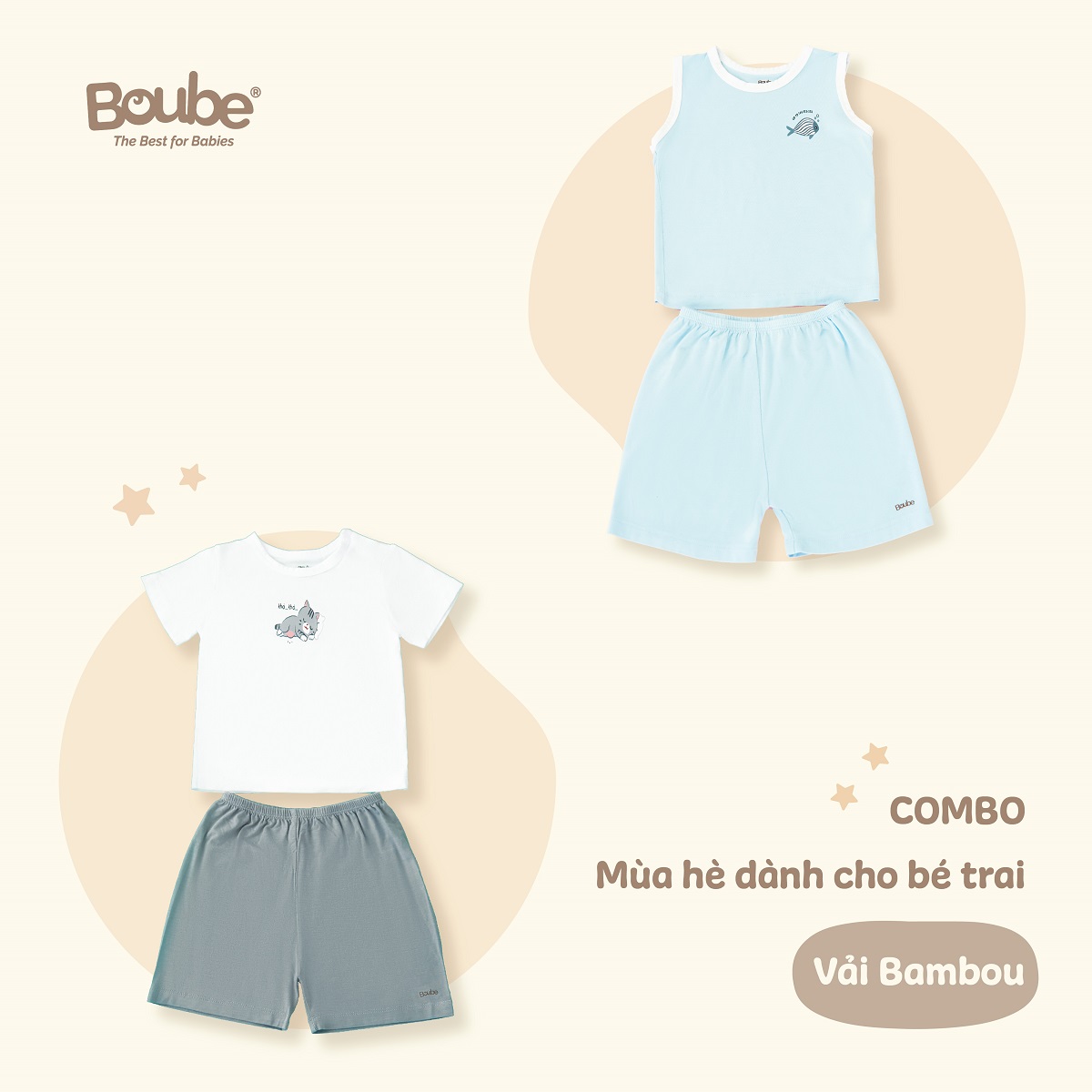 Combo 2 bộ quần áo mùa hè mát mẻ cho bé trai Boube, chất vải Bamboo thông minh, thoải mái - Size cho bé 3-24M