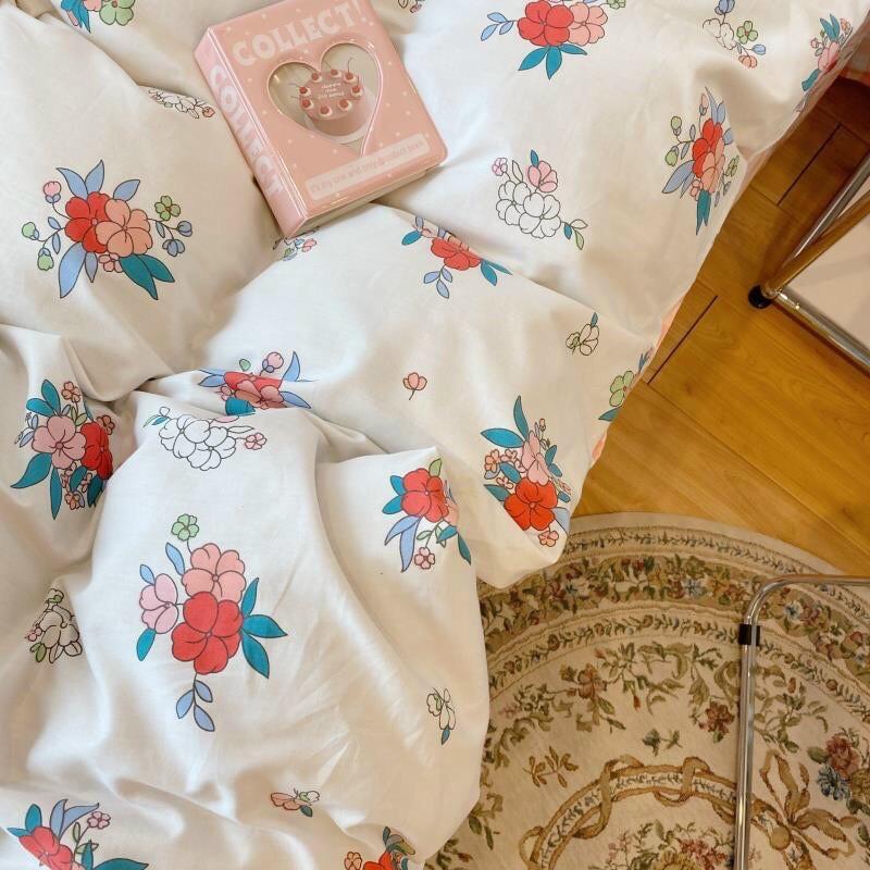 Bộ Chăn Ga Gối Cotton living Cotton 100% Hàng Nhập Khẩu Cao Cấp 4 Món Hoa Nhí Vintage