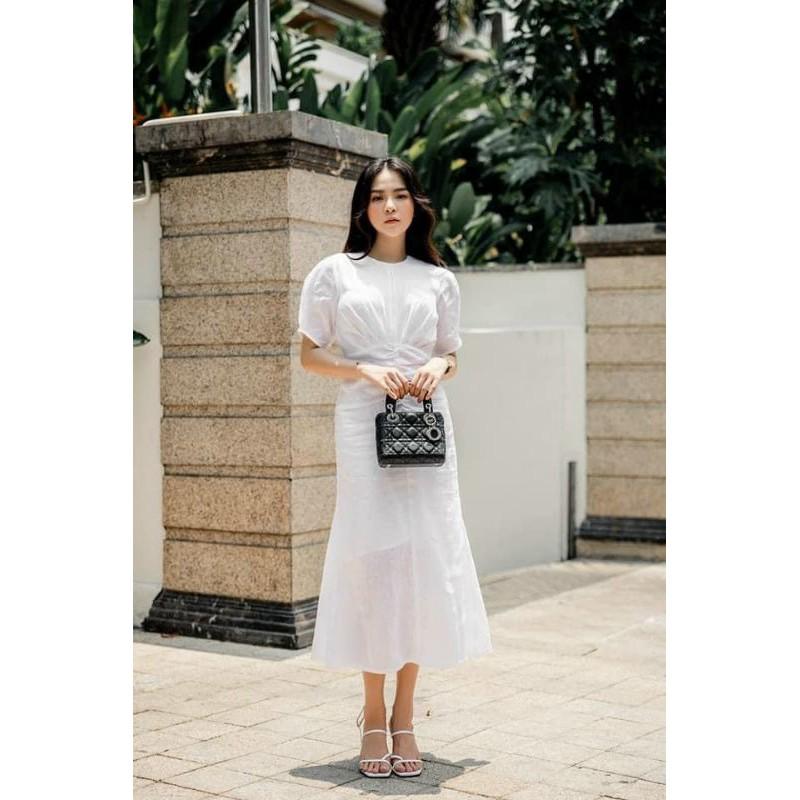Đầm váy nữ midi nhíu eo tay phồng có 4 màu TKN