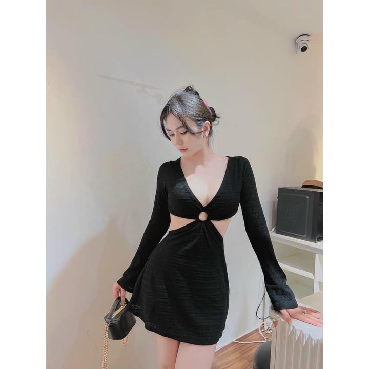 Đầm Body Tay Dài PINKSTORE29, Dáng Ôm Cut Out Khoen Ngực D085