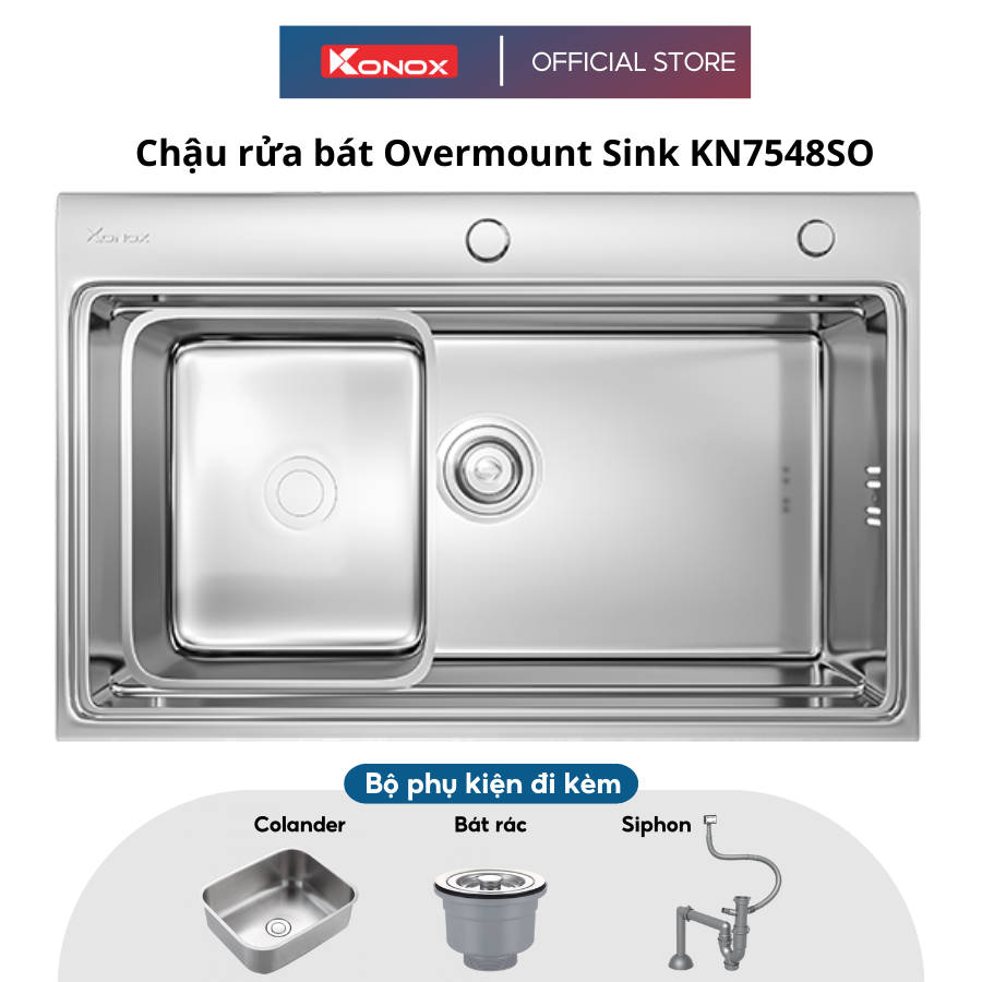 Chậu rửa bát Konox, Overmount Series, Model KN7548SO, Inox 304 cao cấp, 750*480*230mm, Hàng chính hãng