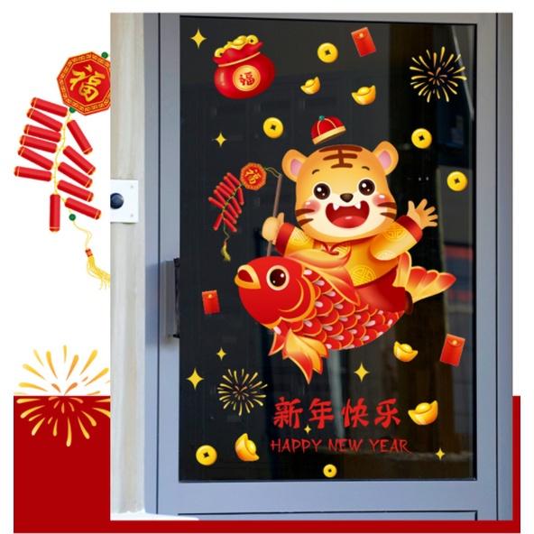 Decal trang trí Tết - 2 chú hổ cưỡi cá chép