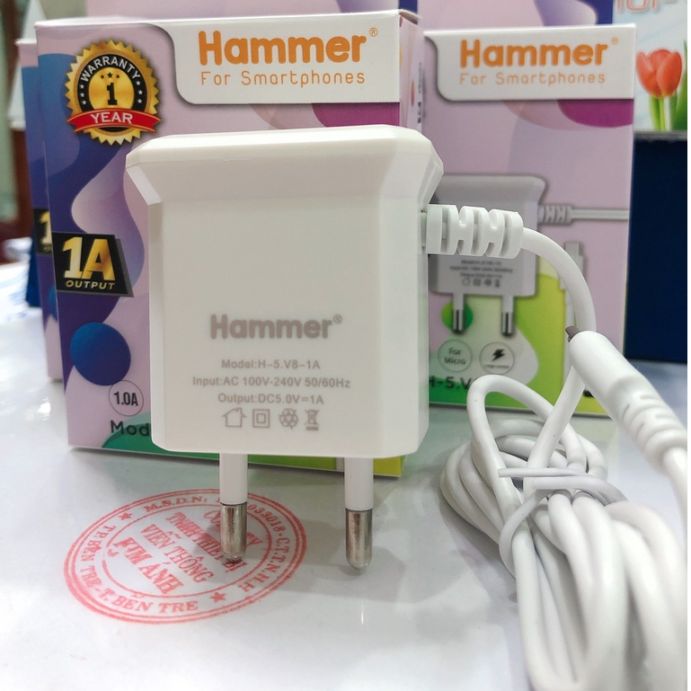 Sạc Liền Dây Ham mer (H-5) Dòng Điện 1A có đèn Led , Chuôi Micro - Hàng chính hãng