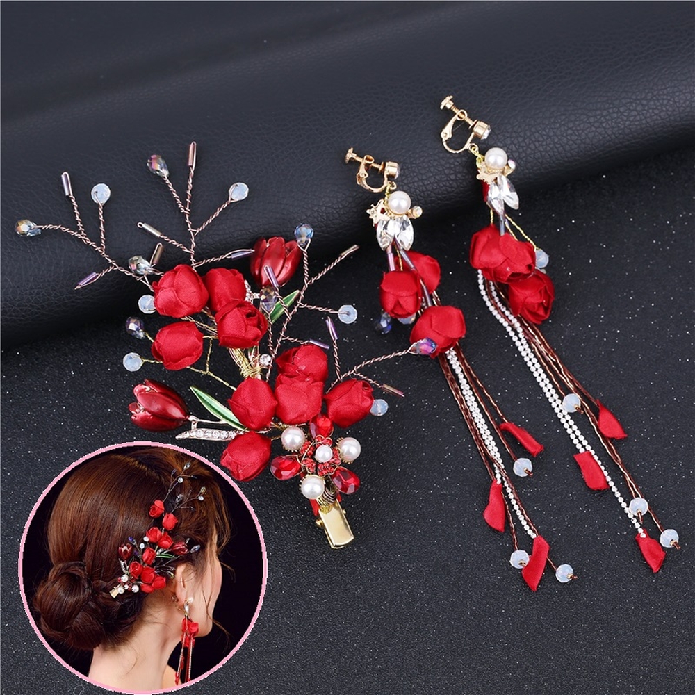Set Hoa Cài Tóc Kèm Hoa Tai Đỏ 180 Số 5, Thiết Kế Ấn Tượng, Màu Sắc Nổi Bật, Tạo Điểm Nhấn Phong Cách Khi Làm Tóc, Dễ Kết Hợp Trang Phục Trong Sự Kiện Hoặc Đi Chụp Ảnh