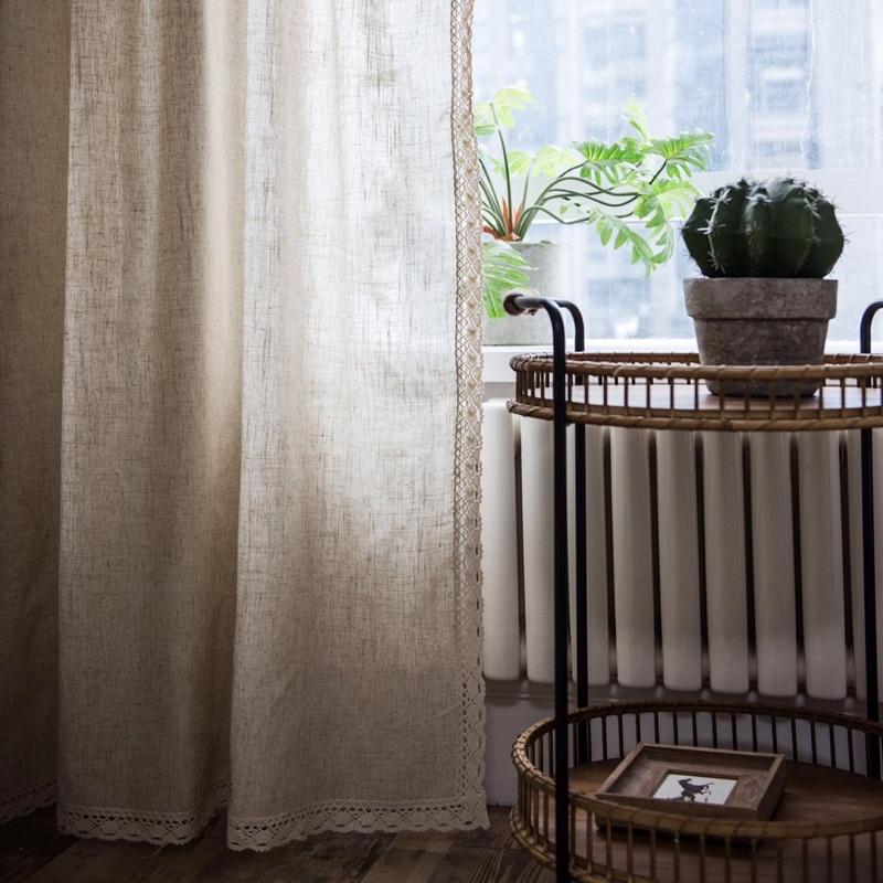 Rèm cửa sổ màu be vintage có viền ren ở mép,chống nắng cao cấp, màn vải treo tường trang trí decor phòng ngủ
