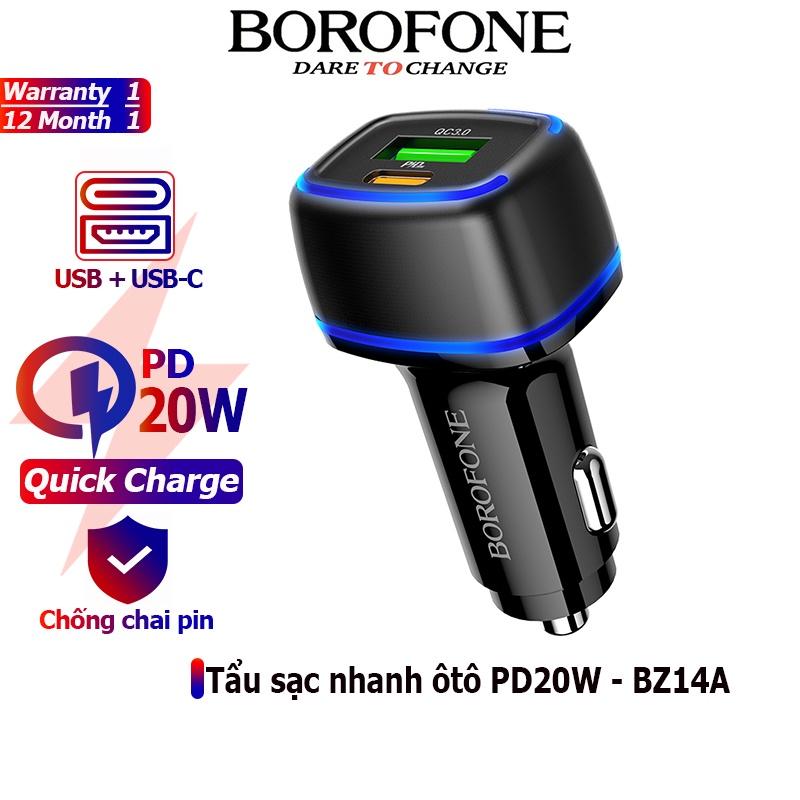 Tẩu sạc nhanh ô tô Type C BOROFONE XẢ KHO Cốc sạc nhanh ô tô 2 cổng USB - Type C - PD20W, QC3.0