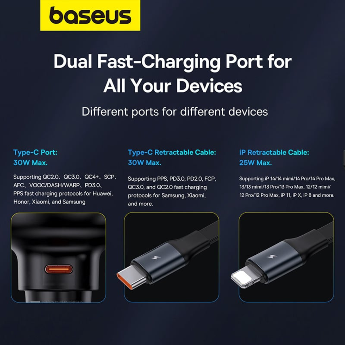 Tẩu sạc dùng trên ô tô tích hợp cáp Type C và iP Cable 60W Baseus Enjoyment Pro Car Charger - Hàng chính hãng