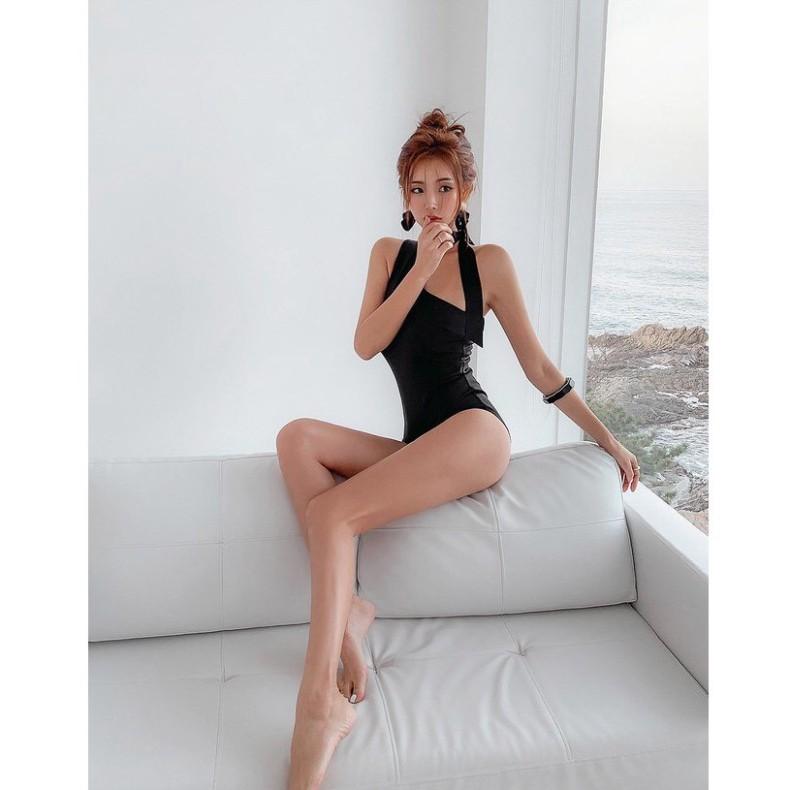 freeship Bikini 1 mảnh cột dây cổ to màu đen sang chảnh