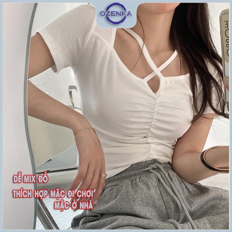 Áo croptop ngắn tay cổ sẻ v màu trơn nữ OZENKA , áo crt đen trắng form ôm body thun gân 100% cotton mềm mịn mát