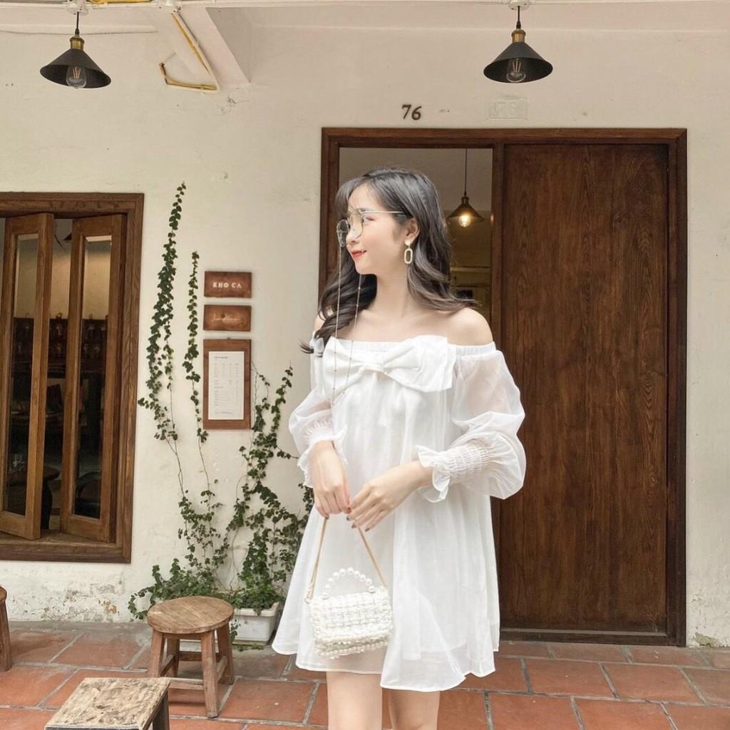 Áo Trễ Vai Nơ Voan Trắng Tay Dài Áo Tay Bồng Bó Chun Có Nơ Ngực