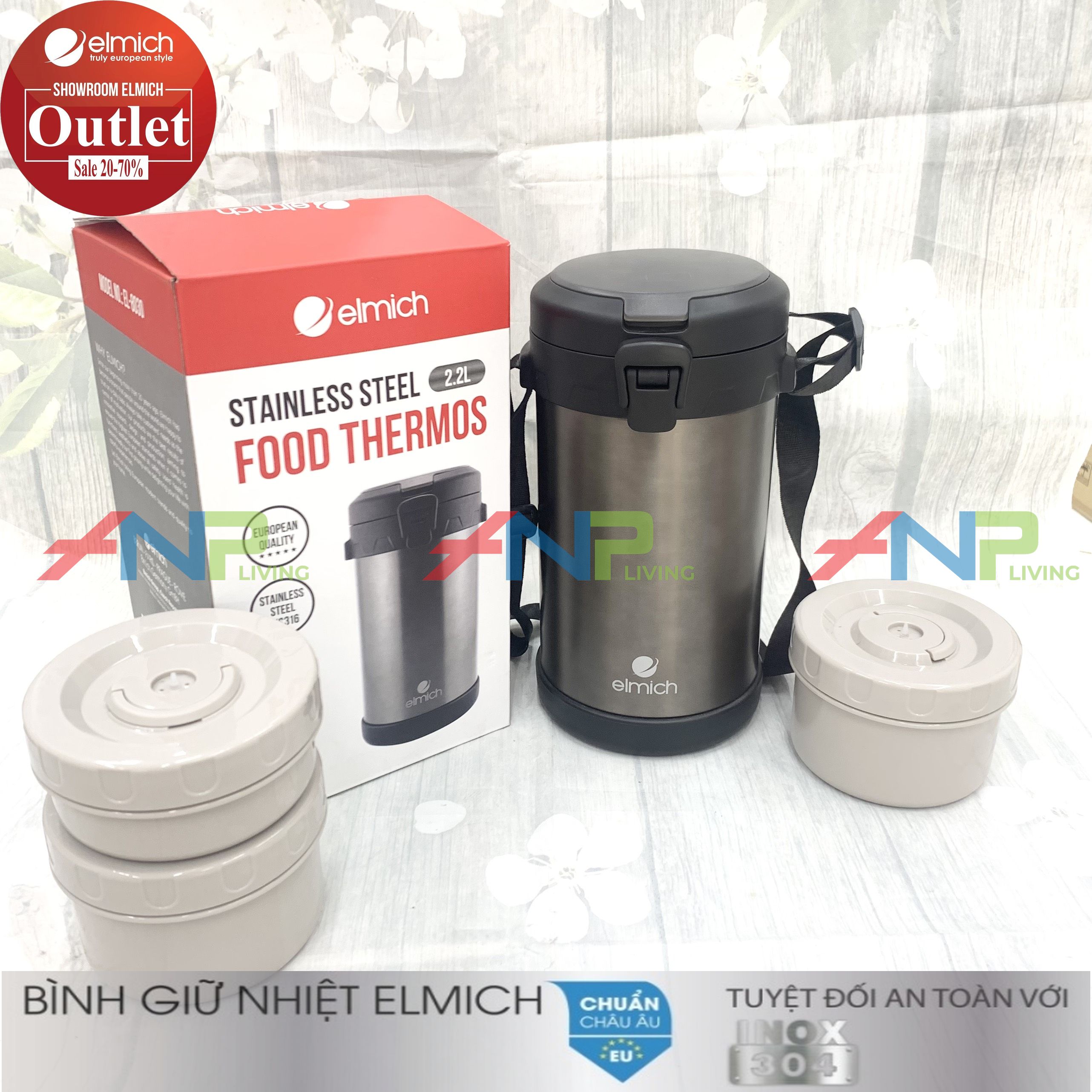 Hộp Đựng Cơm Giữ Nhiệt 3 Ngăn Inox 304 nóng 12h lạnh 24h ELMICH El8030 2200ml