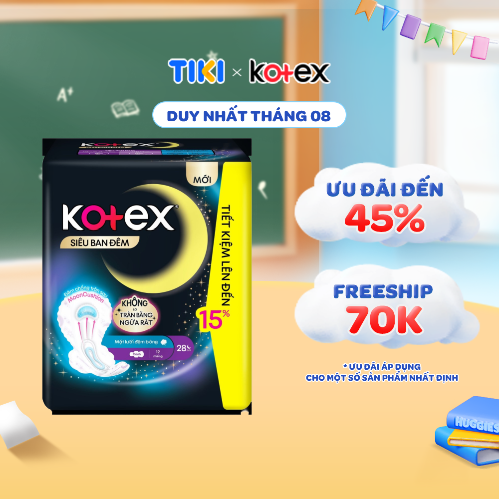 Lốc 4 gói BVS Kotex Siêu Ban Đêm 28cm Mặt lưới Đệm bông chống tràn sau 12 miếng