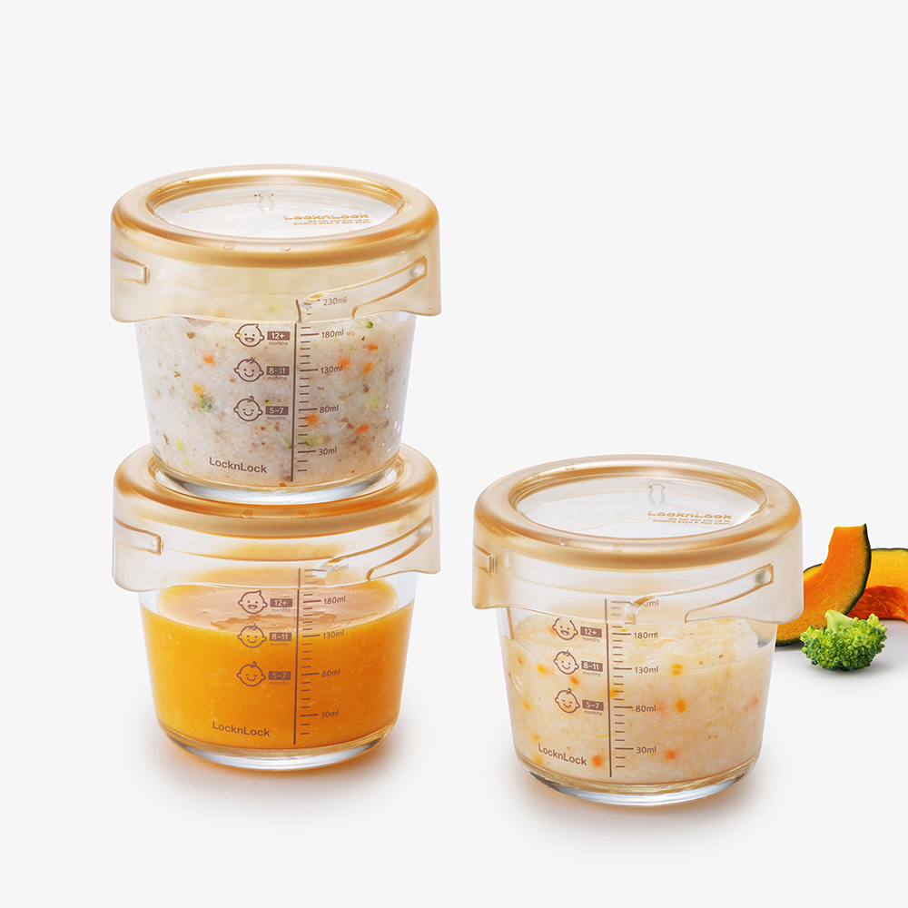 Bộ 3 hộp thủy tinh đựng thực phẩm cho bé LocknLock Baby Food container LLG542S3IVY - 280ml, Nắp vặn chống tràn, chất liệu không BPA an toàn cho trẻ em, có vạch chia - Hàng chính hãng