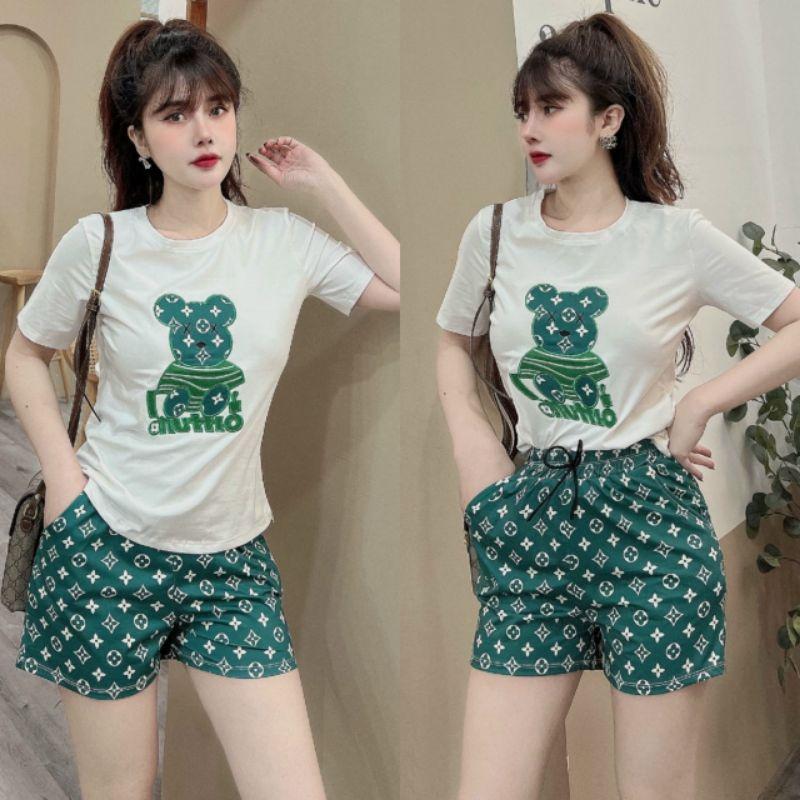 Bộ đồ đùi nữ thêu hình gấu siêu xinh thun cotton 100% mát mịn