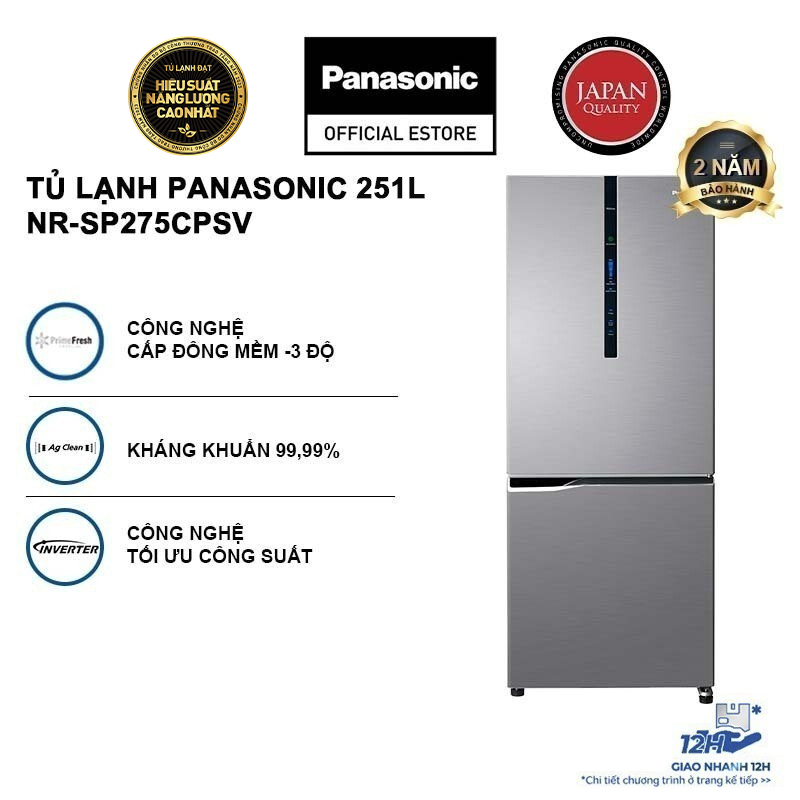 Tủ Lạnh Kháng Khuẩn Panasonic 251L NR-SP275CPSV - Cấp Đông Mềm - Siêu Tiết Kiệm - Ngăn Đá Dưới - Hàng chính hãng