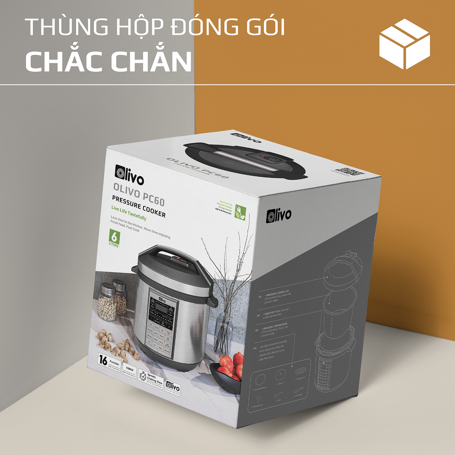 (Hàng chính hãng) Nồi áp suất điện Olivo PC60 - 16 chức năng - 6 lít - 1.000W - BH 2 năm