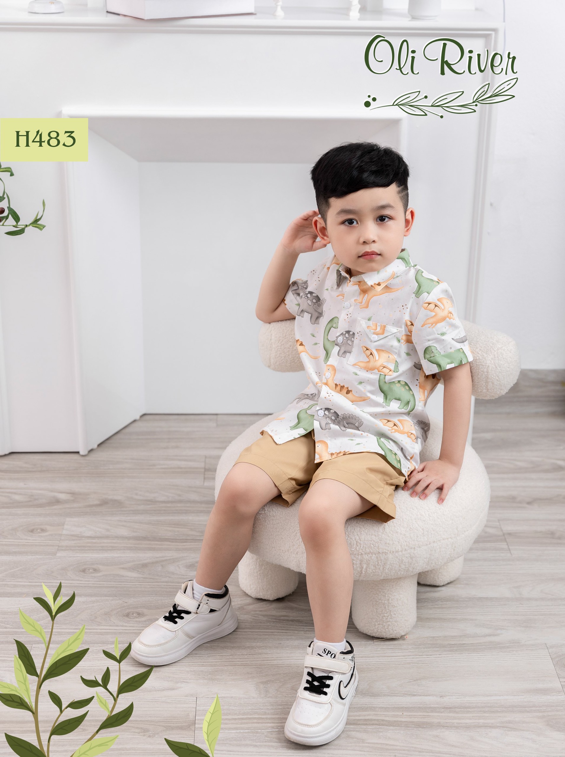 Đồ bộ bé trai cộc tay 1-10 tuổi áo sơ mi in khủng long, Bộ hè cho bé hàng thiết kế cao cấp kiêu dáng thời trang