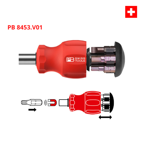 Tua Vít Lùn PB Swiss Tools 8453.V01 CN Gồm 6 Mũi Bits Gắn Sẵn Trong Tay Cầm Sản Xuất Tại Thụy Sỹ