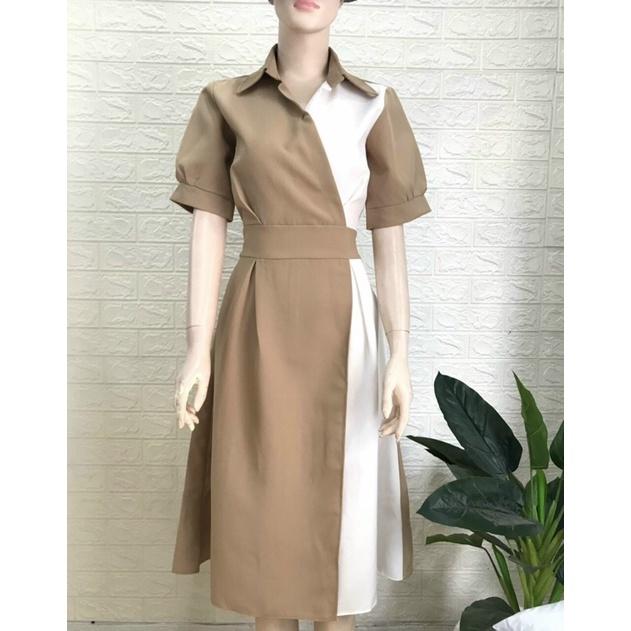 Đầm sơmi phối màu xoè tay phồng S.MLXL