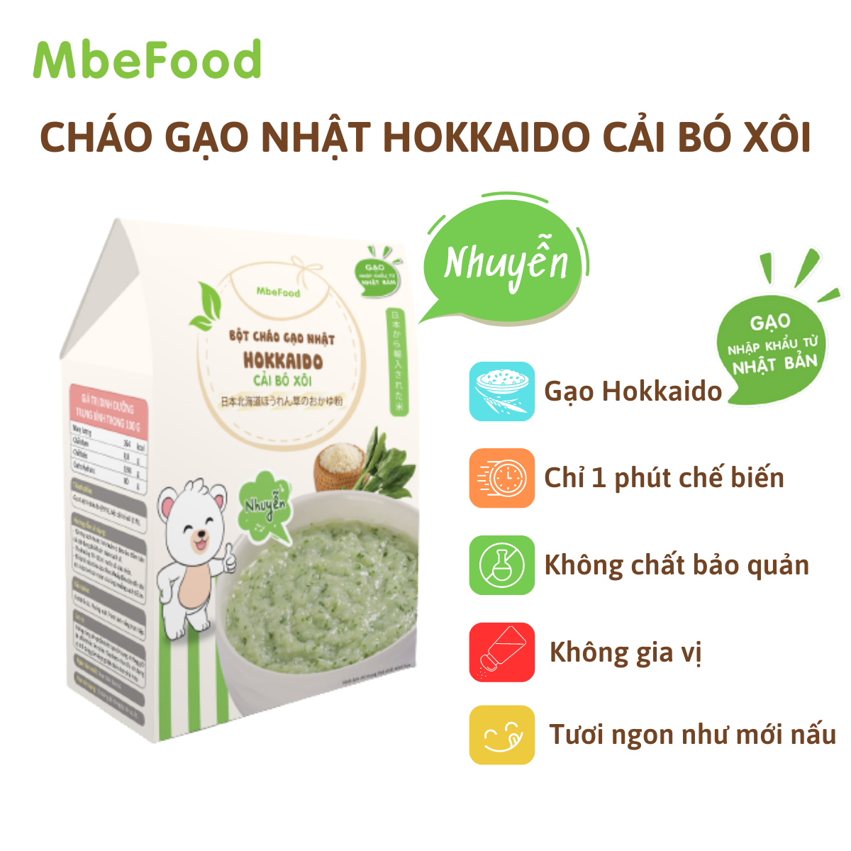 Cháo nhuyễn cho bé ăn dặm MBeFood Bột cháo gạo Nhật Hokkaido cải bó xôi cho bé ăn dặm (Hộp 4 gói x 18g)