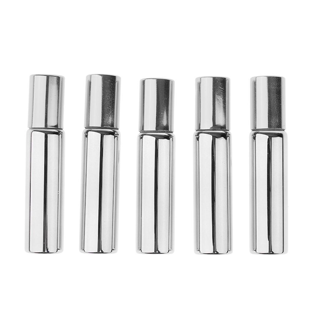 5x 10mL Empty Roller Bottles w Steel Ball for Essential Perfume Oils - Silver