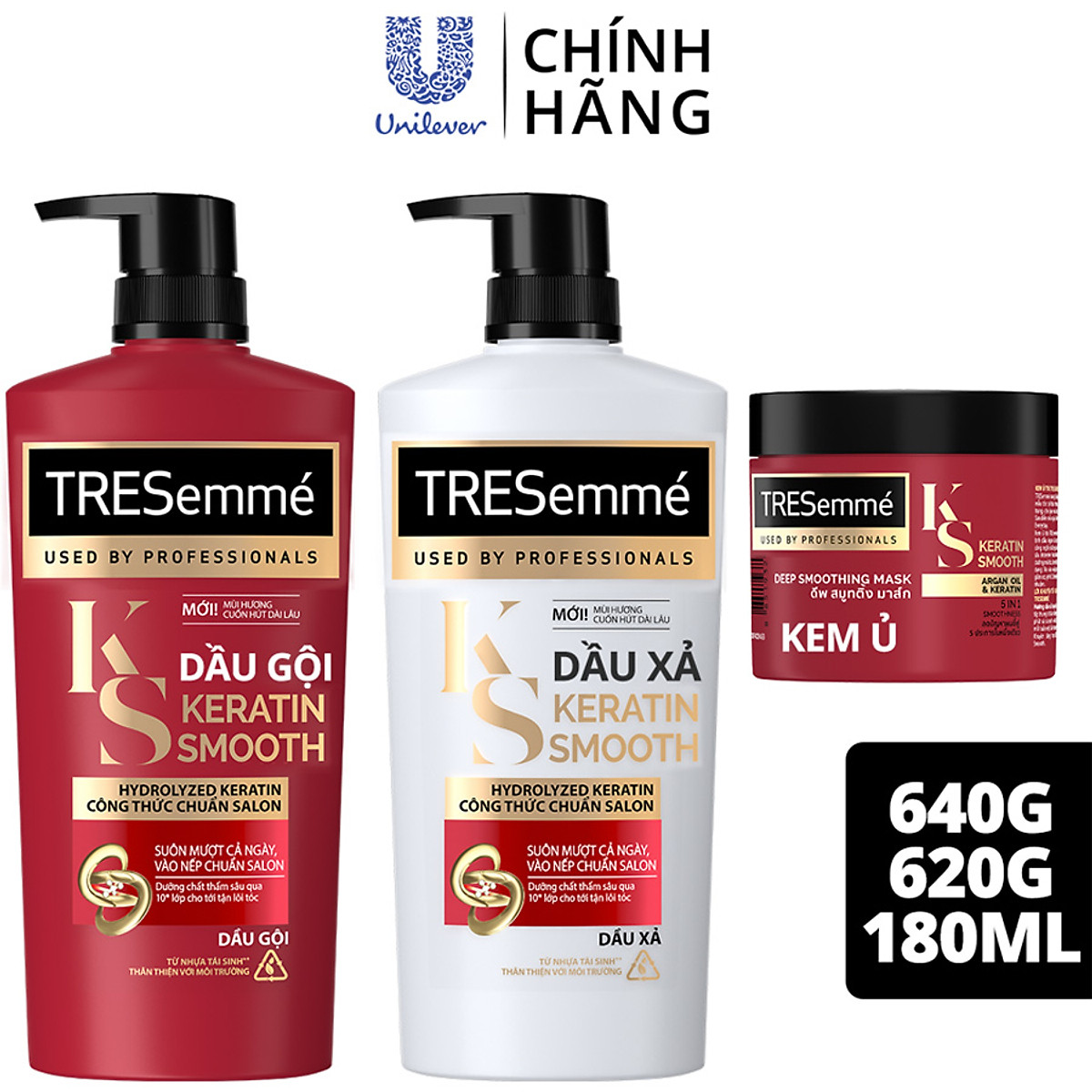 Combo Gội 640g, Xả 620g & Ủ 180ml TRESEMME Keratin Smooth với Dầu Dưỡng tóc Argan & Keratin Combo Dầu gội xả và kem ủ giúp Vào Nếp Suôn Mượt 640g, 620g, 180ml