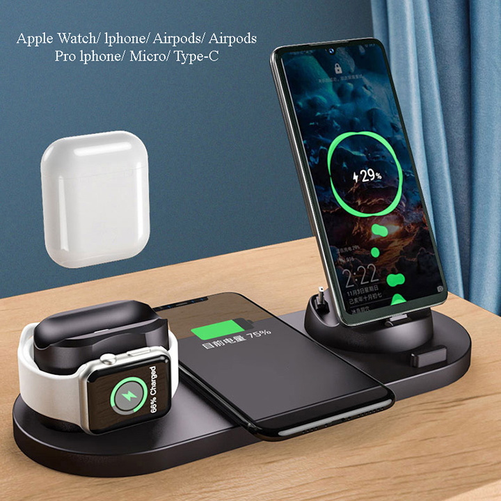 Đế sạc không dây đa năng 6 in 1, sạc nhanh không dây, dành cho iphone, sam sung, AirPods, Apple Watch