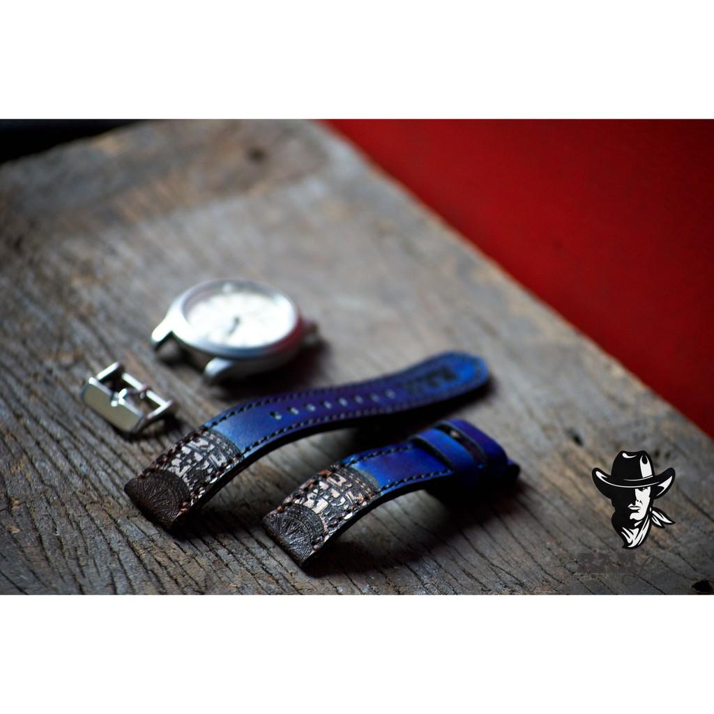 Hình ảnh Dây đồng hồ da bò vegtan thảo mộc trống đồng màu xanh dương RAM Leather cực đẹp - tặng khóa chốt và cây thay dây