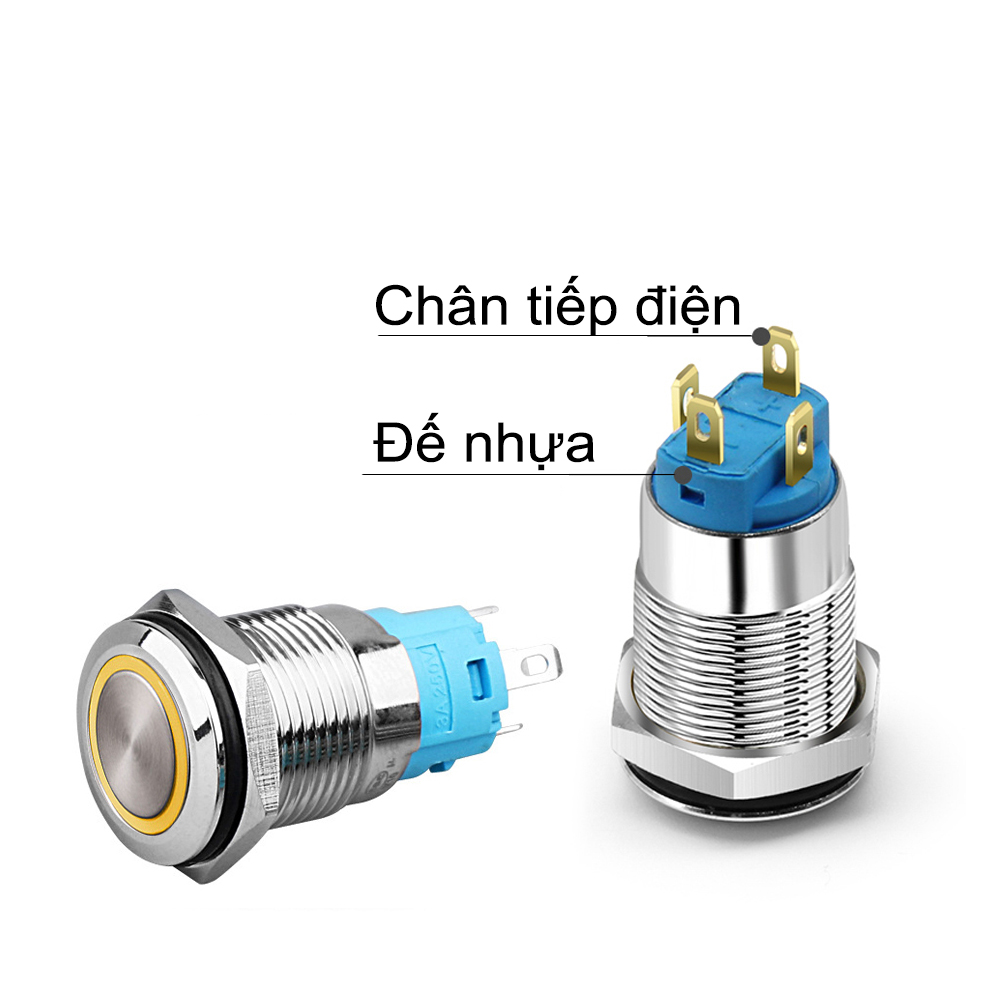 Nút nhấn Reset, Công tắc nhấn tự nhả 12mm (12-24V 110-220V) Có đèn LED, Vỏ INOX chống thấm nước