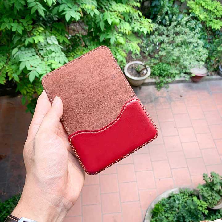 Bóp đựng thẻ - đồ da handmade - da bò - màu đỏ đô DT415