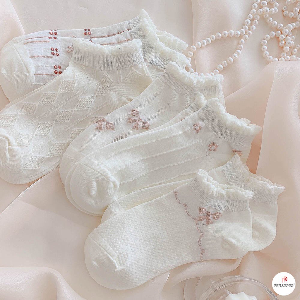 Bộ 5 đôi tất vớ nữ cổ ngắn - Kiểu hoa nâu 5 đôi