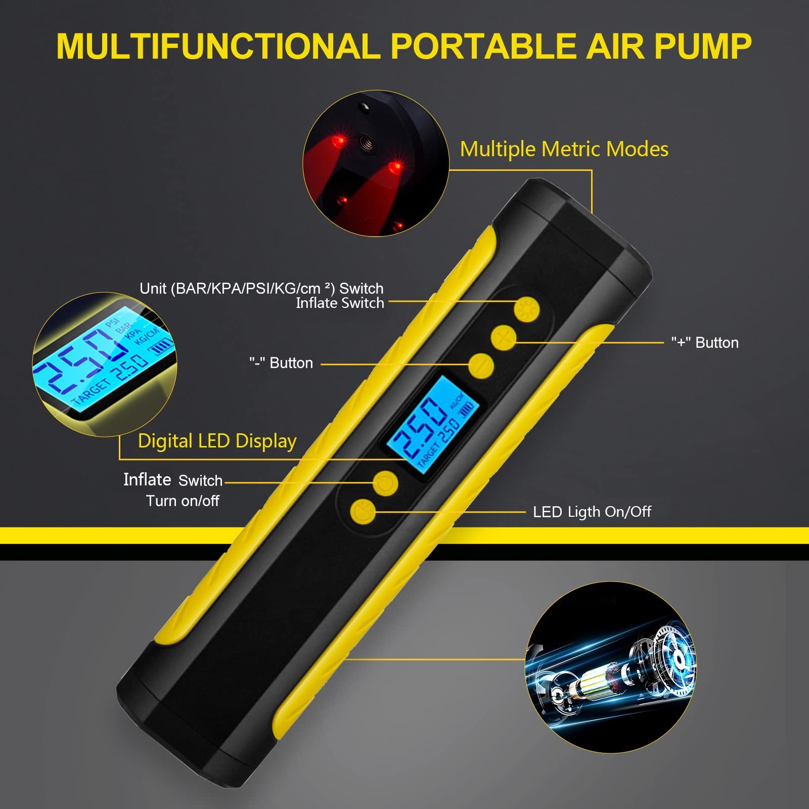 Máy Bơm Lốp Không Dây Cầm Tay Pin Sạc Công Suất Cao 80W HECKERMANN