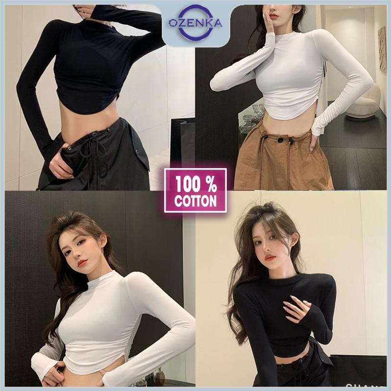 Áo croptop tay dài cổ lọ ôm nữ ozenka,áo crt kiểu cổ cao 3 phân rút eo vạt bầu tôn dáng màu đen trắng dưới 55 kg