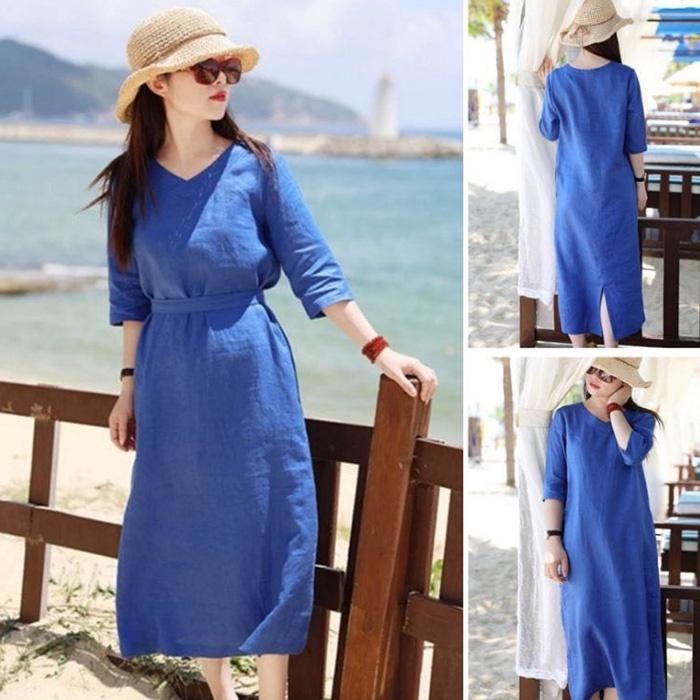Đầm suông linen cổ tim tay lỡ kèm đai rời - Xanh coban