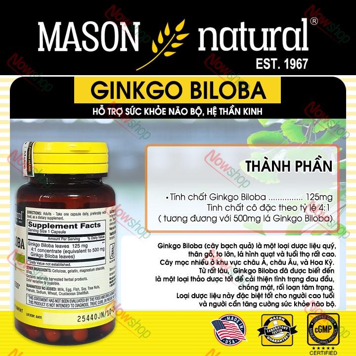Viên uống bổ não Mason Natural Ginkgo Biloba 125mg hỗ trợ tăng cường trí nhớ tăng tuần hoàn máu