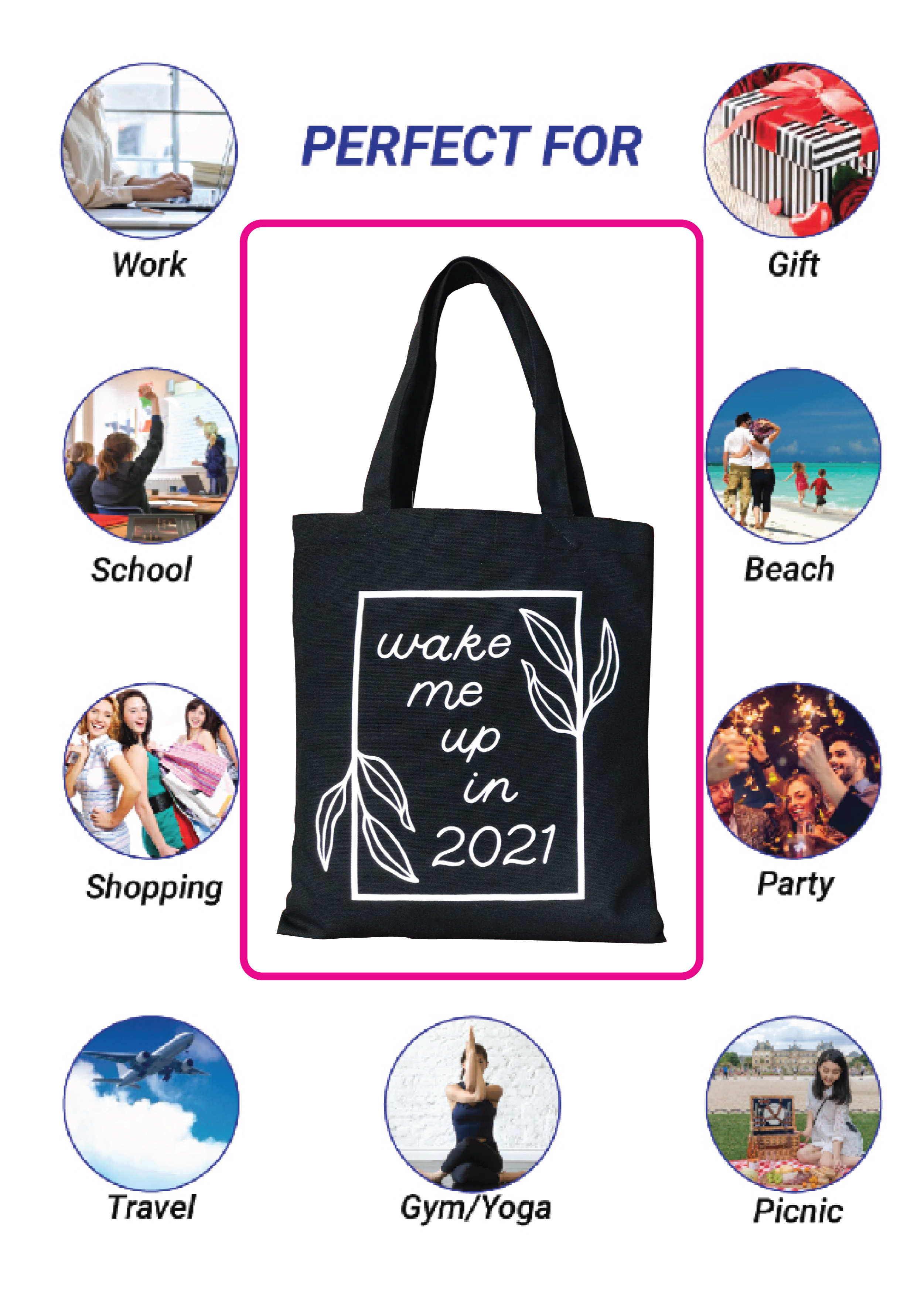 Túi Tote Thời Trang Nữ Canvas Vải Bố Màu Đen Dạng Quai Xách In Wake Me Up In 2021 Có Ngăn Phụ Trong – Mẫu Hot Trend