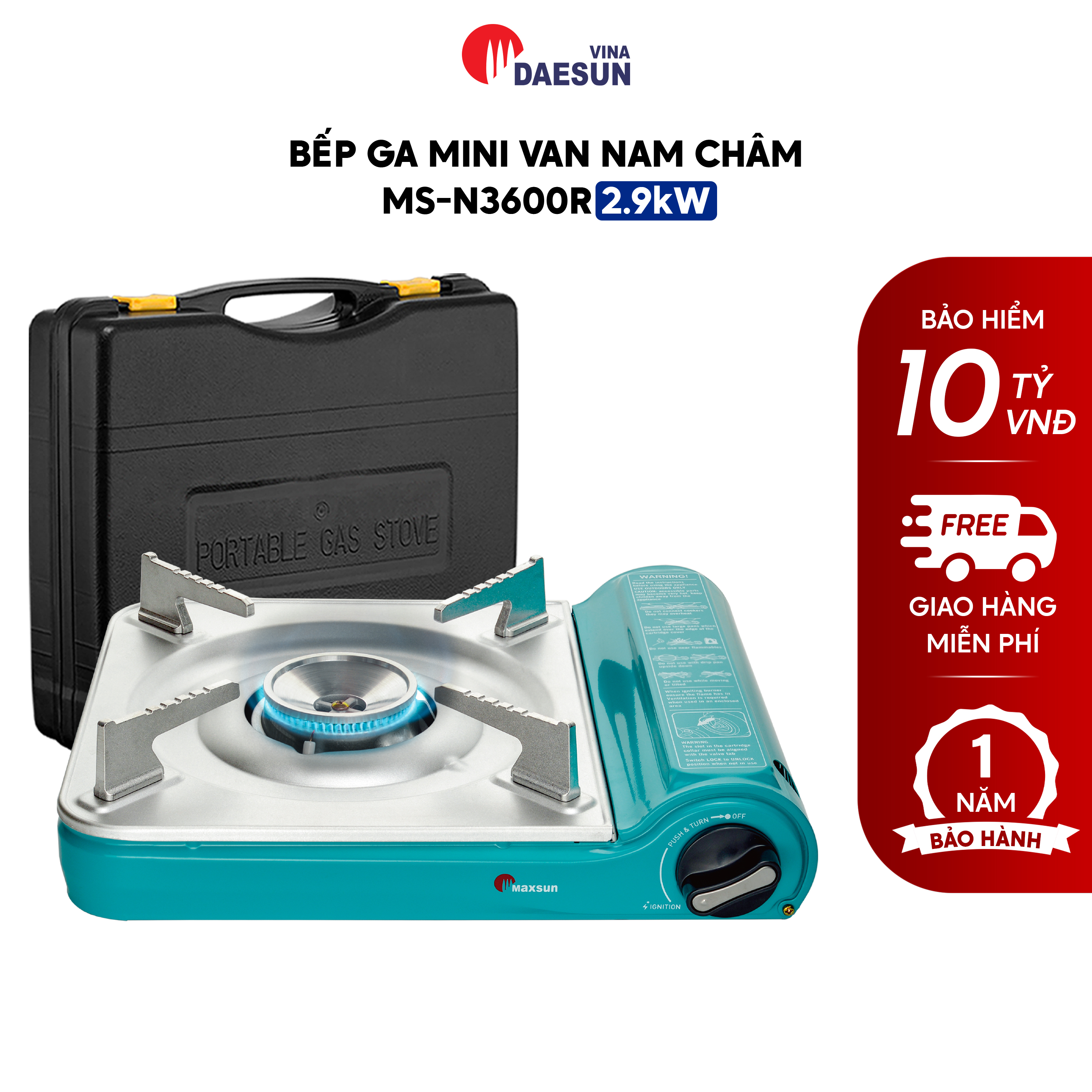 Bếp Ga Mini Maxsun MS-N3600R - Công Suất 2900W | Nhôm Nhẹ Cao Cấp - Inox Chổng Rỉ | Bảo Hiểm Chống Nổ | Hàng Chính Hãng