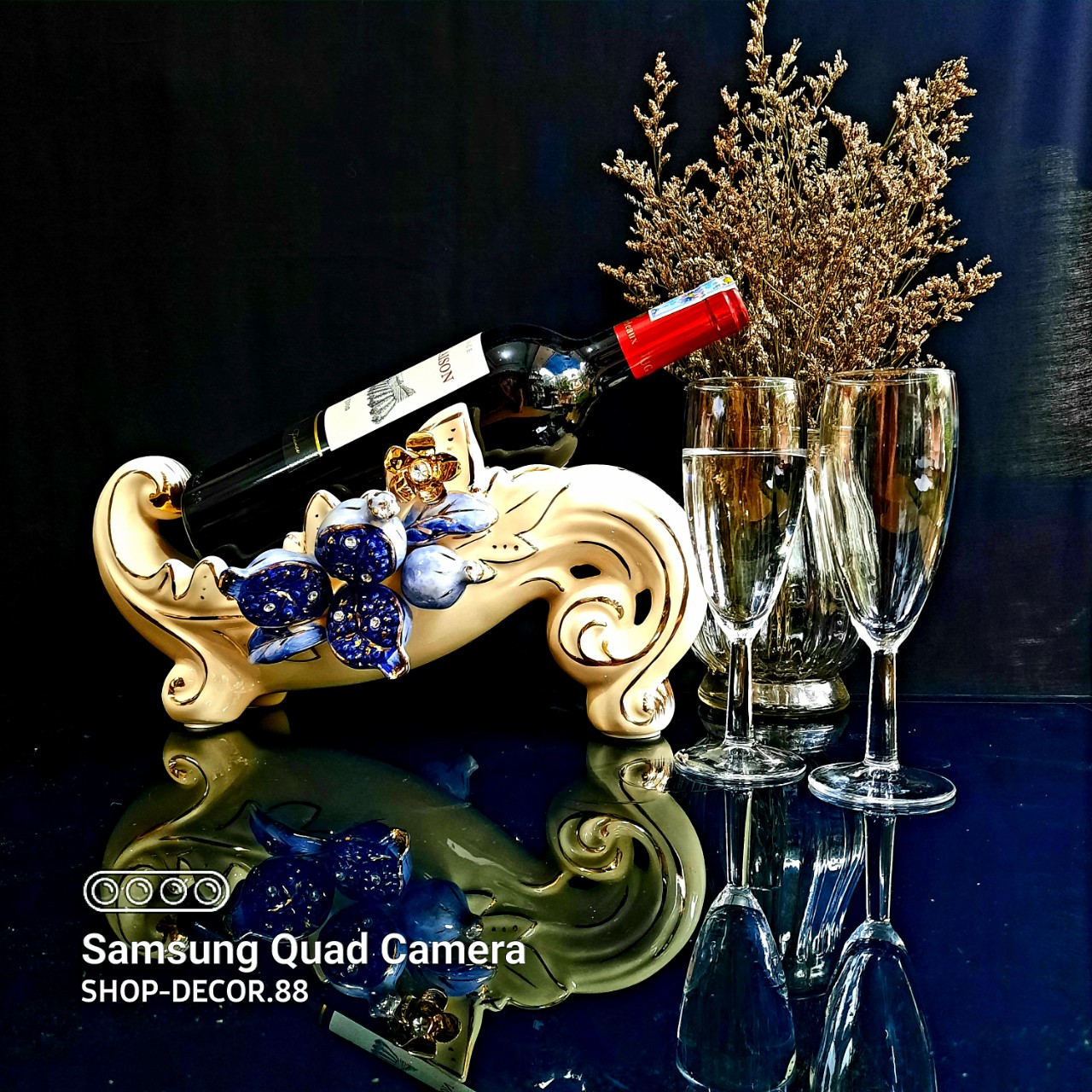 Kệ để chai vang gốm trắng cao cấp họa tiết cành lựu vẽ vàng 24k Decor trang trí nhà đẹp