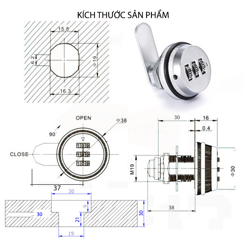 Khóa số KS9503 cho ngăn kéo bàn, tủ loại dài 30mm với 3 mã số có thể thay đổi được, bằng hợp kim