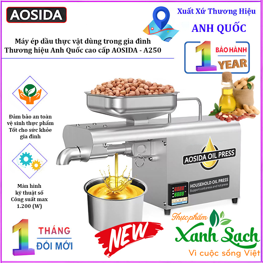 Máy ép dầu thực vật dùng trong gia đình. Thương hiệu Anh Quốc cao cấp AOSIDA - A250. HÀNG CHÍNH HÃNG