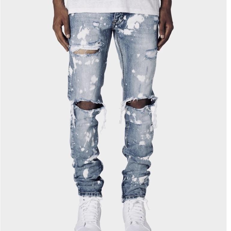 Quần Jean Nam The Luyn Black Màu Xanh Indigo Rách Gối Phối Đốm Trắng Phong Cách Streetwear Bụi Bặm